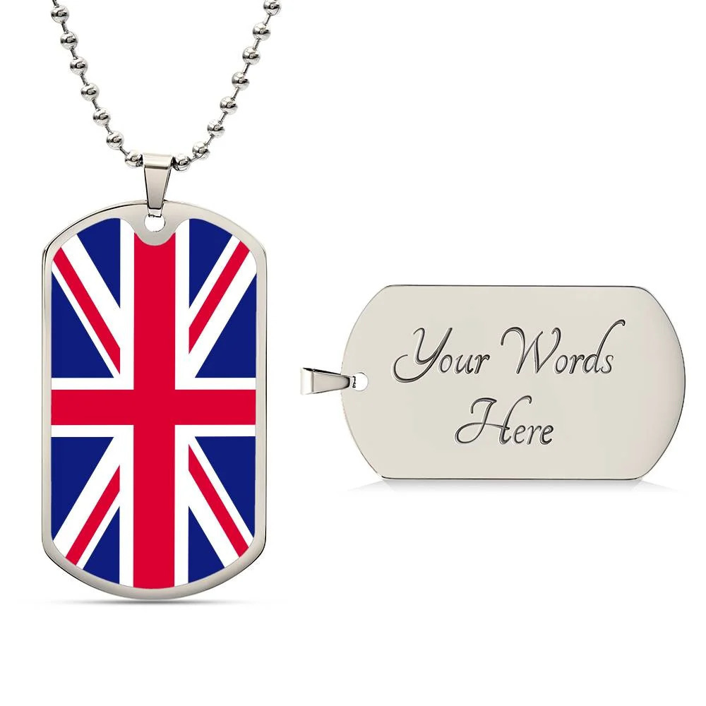 UK Flag Necklace Personalized Engraved Silver Dog Tag Necklace Custom Name Date
